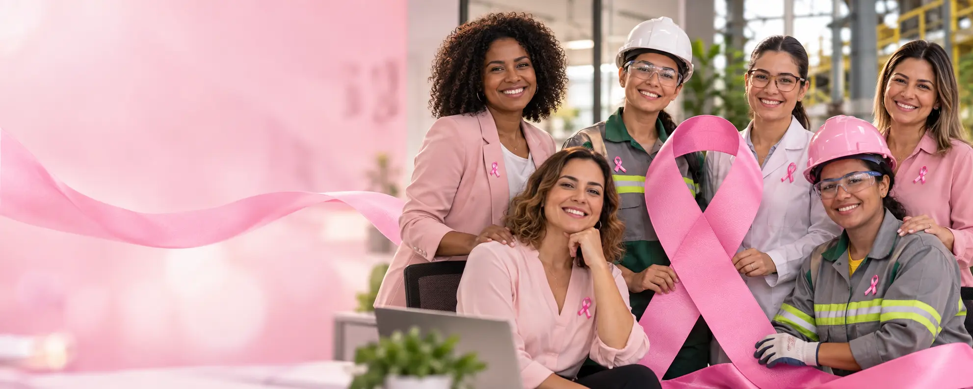 Mulheres de diferentes áreas profissionais reunidas em campanha do Outubro Rosa no ambiente de trabalho