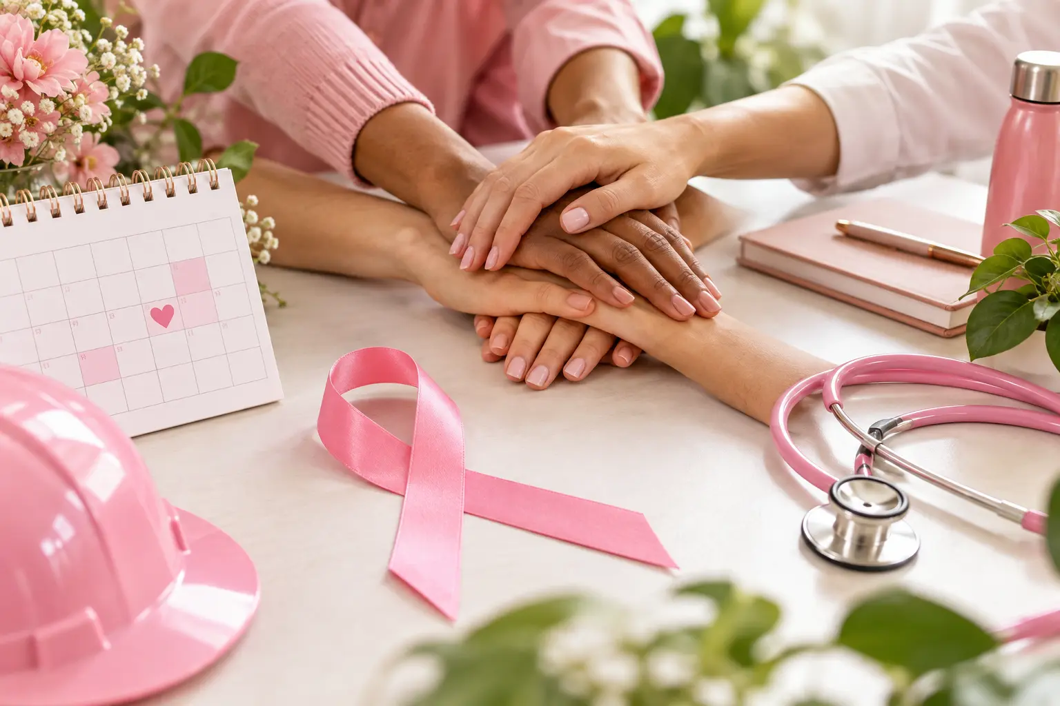 Fita rosa, calendário e mãos unidas representando prevenção e apoio à saúde da mulher
