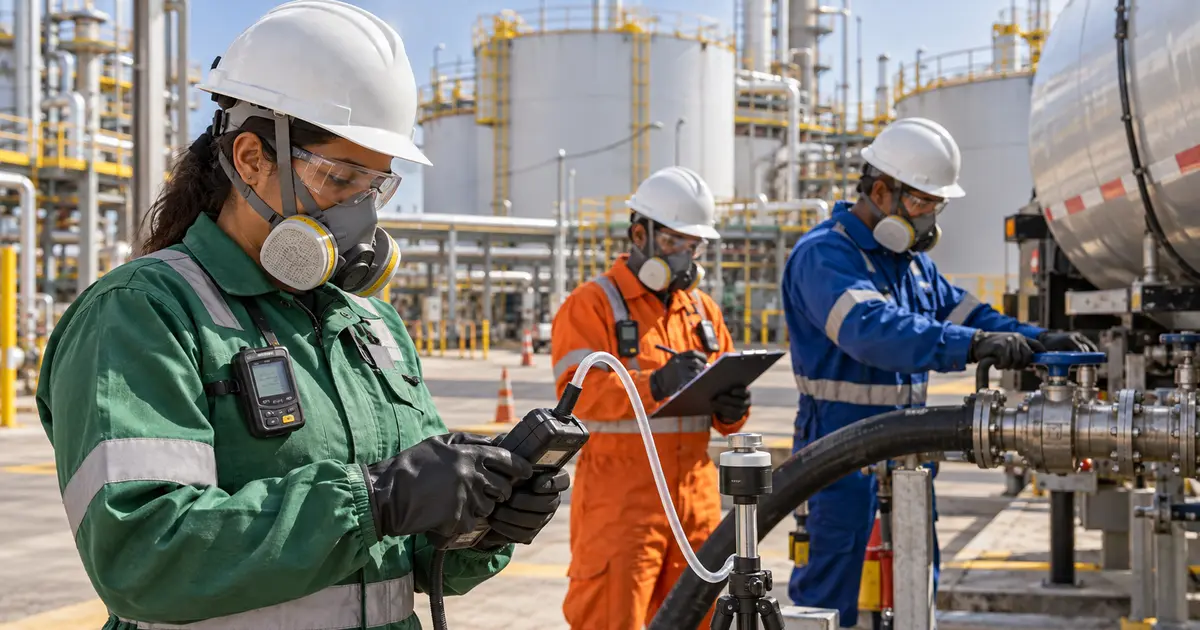 Equipe utiliza proteção respiratória e monitora a atmosfera em instalação industrial